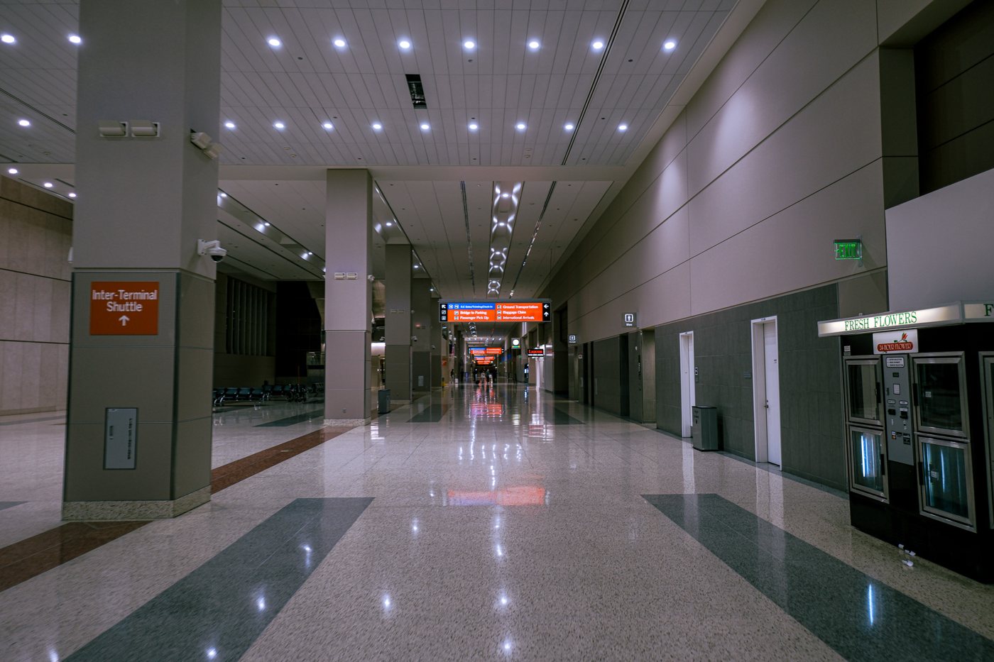 A long, empty hotel corridor