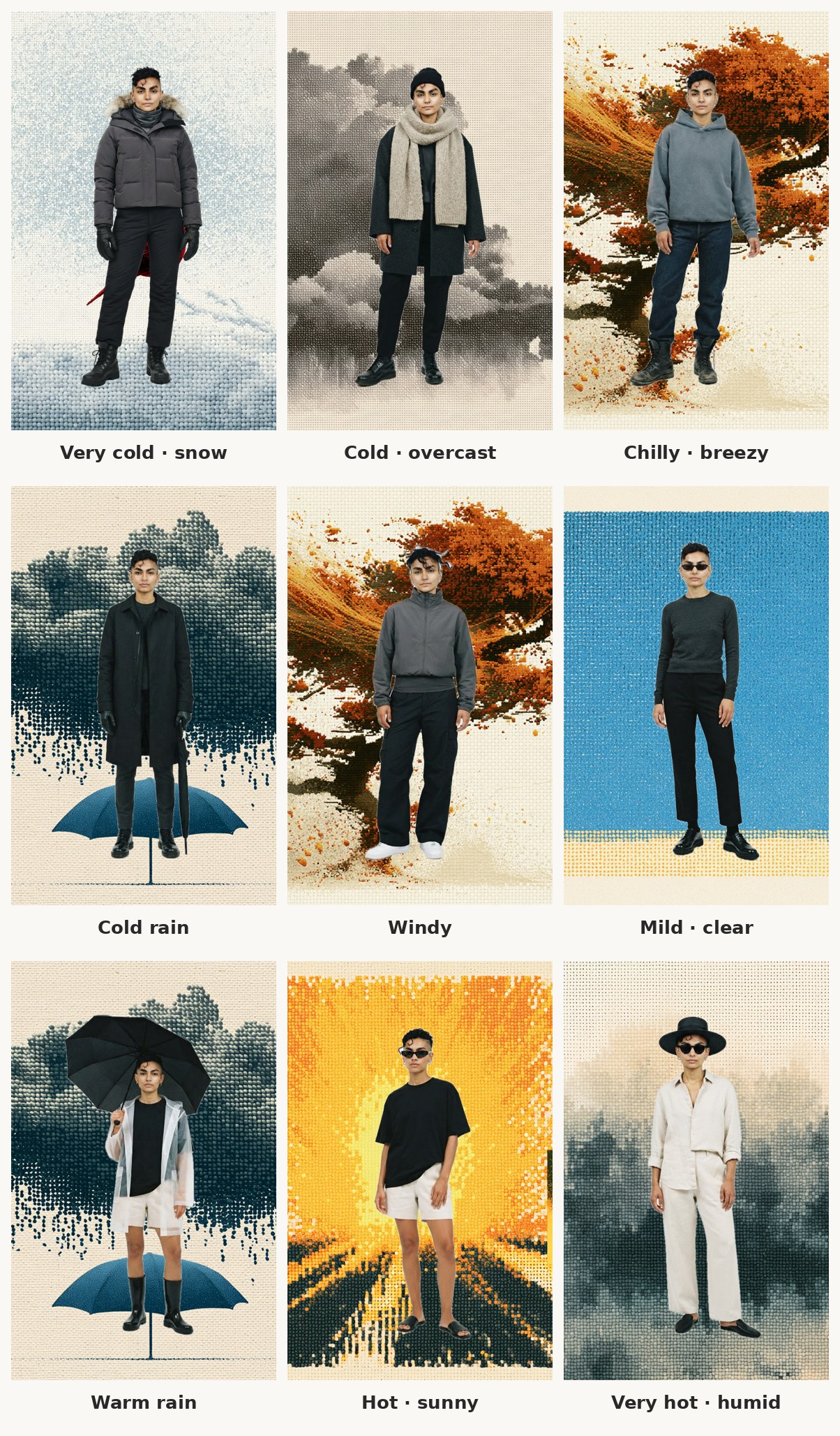 Nine outfits from very cold with snow to very hot and humid, each on its weather background